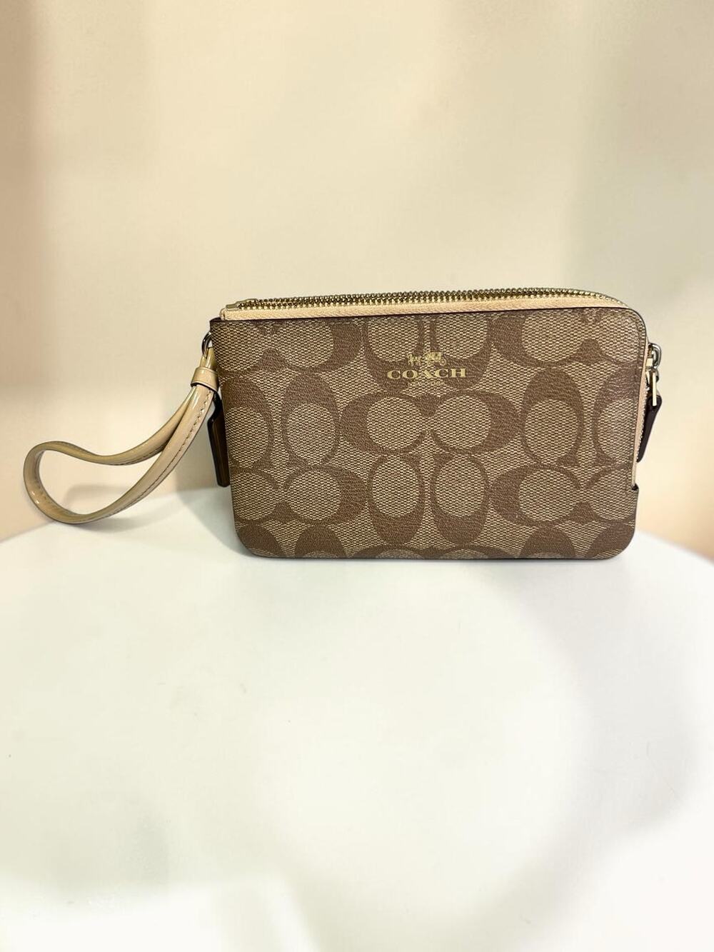 Coach Signature Double Zip Wristlet Brown Khaki Beige Trim
